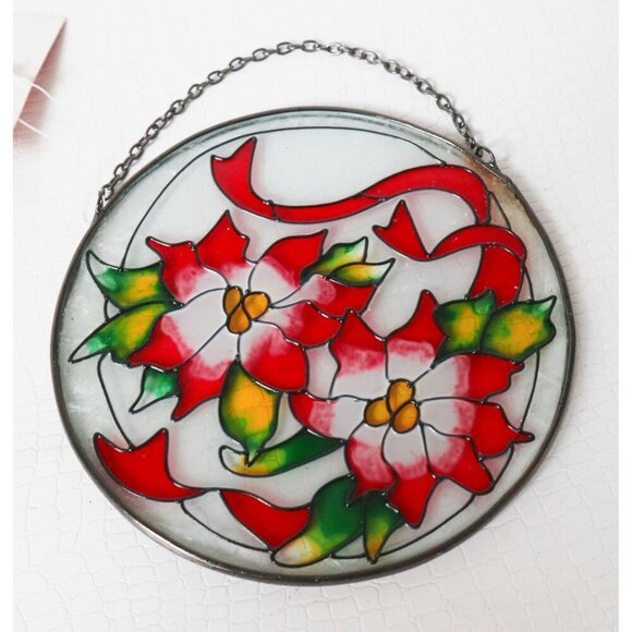 3 Vintage Christmas Suncatchers Reverse Painting on Glass Santa Poinsettias Blue - Picture 2 of 5